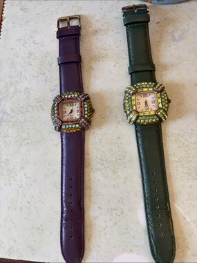 2 Genuine Leather Rhinestone Embellished LA Vintage Watches Green and Purple